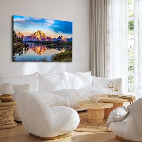 Image of Large Nature Pictures USA Oxbow Bend Landscape Wall Art Sunset Mountain Wall Decor National Park Painting Snake Lake Canvas Prints Modern Country Landscape Artwork for Living Room Decorations 32x48 inch