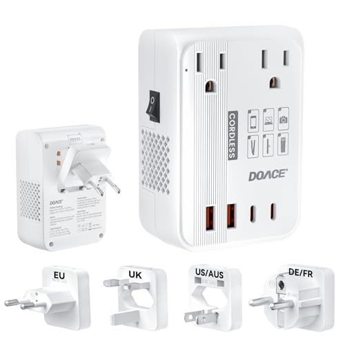DOACE 220v to 110v converter 350W voltage converter us to europe for Hair Straightener/Curling Iron Converter for European Travel with 4-port USB Charging and UK/AU/US/EU Worldwide Plug Adapter, White