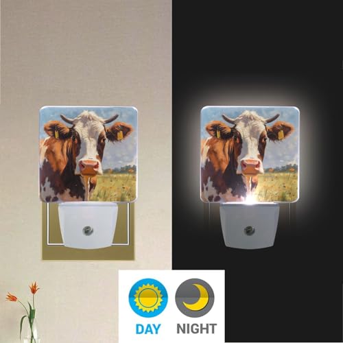 Image of Cow Cattle Night Lights 2 Pack Plug-in Wall Led Nightlight Auto Dusk-to-Dawn Sensor Lamps for Bedroom Kitchen Bathroom