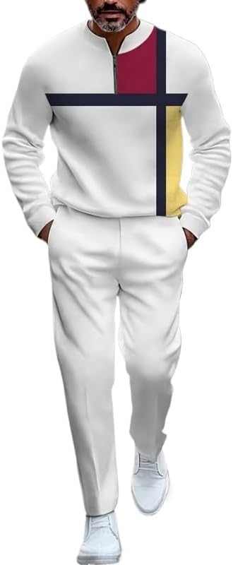 Men's 2-piece casual wear long sleeved shirt pants color blocked round neck sportswear jogging two-piece set