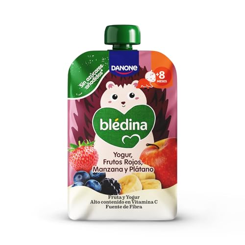 Blédina Bolsita de Yogur, Frutos Rojos, Manzana y Platano para Bebé. Pouch de Fruta y Yogur, Sin Azucares Añadidos y Alto Contenido en Vitamina C, Fuente de Fibra. Desde los 8 Meses, 100g