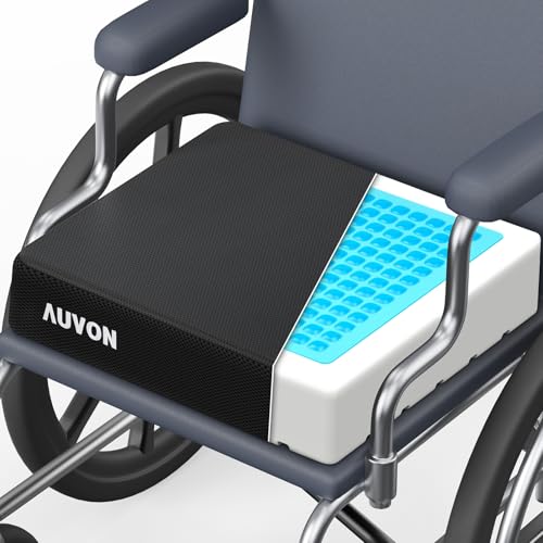 AUVON Cooling Gel Wheelchair Seat Cushion for Long Sitting Memory Foam Seat Cushion for Tailbone & Back & Sciatica Relief Breathable Chair Cushion with Strap for Car Office Home Anti-Slip