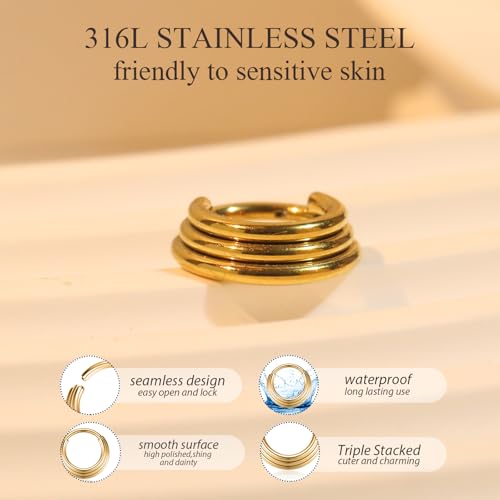 PEAKLINK Triple Stacked Septum Nose Ring Surgical Steel Daith Earring Gold Hinged Segment Nose Hoop for Tragus Rook Conch Cartilage Helix Piercing 18G 8mm by PEAKLINK - Used condition - Image 2