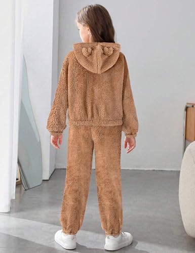 Image of Shallmu Girls Fuzzy Bear Ear Plaid Hoodie Pullover Sweatshirt with Pocket Sweatpants Fall Winter 2 Piece Outfits