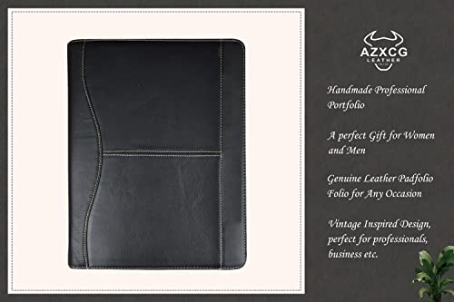 Azxcg Leather Portfolio For Men, Professional Resume Zippered Padfolio, Men's Leather Folder Organizer With Letter Size/A4 Clipboard, Tablet Holder For Ipad Pro 12.9(2018/2020/2021), Black #TOP7