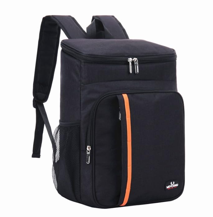Mochila Térmica com Isolamento, Impermeável, Compartimentos Múltiplos para Bebidas e Alimentos, Ideal para Piquenique, Praia e Camping, Preta com Detalhe Laranja