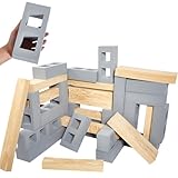 Deekin 25 Pcs Foam Brick Building Blocks and 12 Pcs Wooden Beam Foam Thick Cinder Blocks Large Fake Brick Builders Set for Construction and Stacking(Gray)