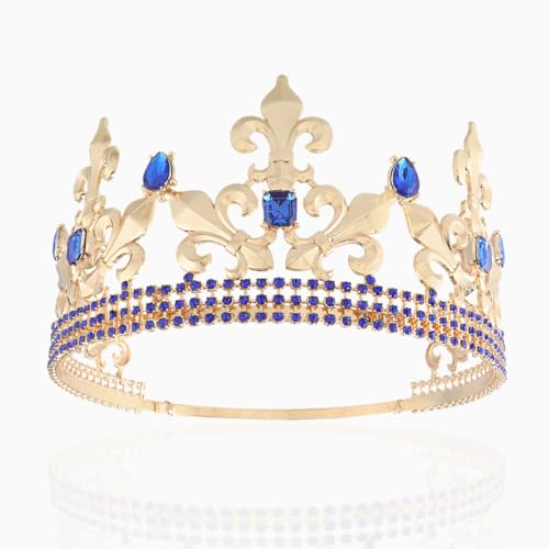 winvin Royal King Crown Men Metal Prince Crowns Tiaras Full Round For Party Halloween Costume Birthday Prom Accessories (Gold With Blue Stone)