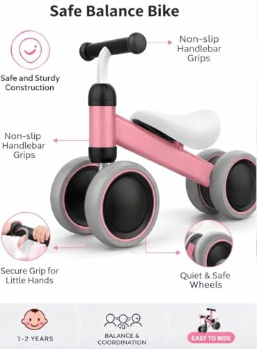 Image of Kids Baby Balance Bike for 1-2 Years Old Boys and Girls, Toddler Best First Birthday Gift | Toddler First Bike with 4-Wheel Stability | No Pedal Ride-On Toy for Indoor & Outdoor Game (Pink)