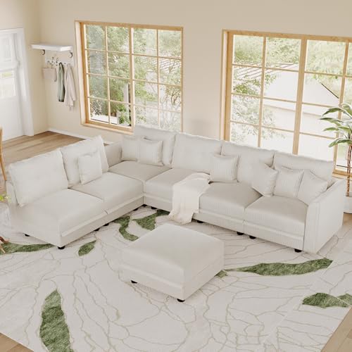 Image of LLappuil Modular Sectional Sofa with Storage, L-Shaped 7-Seat Corduroy Couch with 6 Throw Pillows, Pet-Friendly Convertible Sofa for Living Room & Apartment, Skin-Friendly, Beige