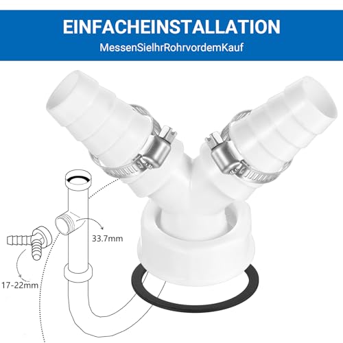 Abfluss Waschmaschine Doppelanschluss für Waschmaschine Spülmaschine 1 Zoll Schlauch, Y-adapter Abfluss Adapter Doppelanschluss für Geschirrspüler,Schlauch mit Eingangsstutzen 19-24 mm,Abgang DN 25
