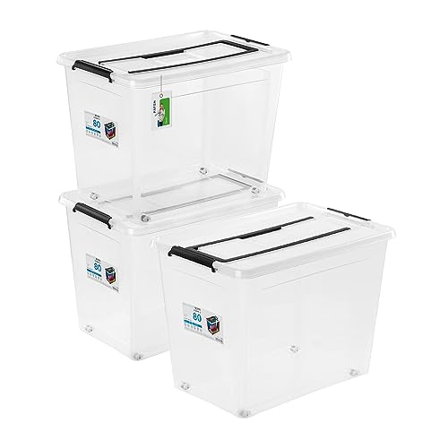 PAFEN 3x Boîte de rangement 80l avec roulettes et poignée - 39x43x58cm - Transparent Boîtes Rangement Bacs gerbables avec clips de fermeture Bacs plastiques