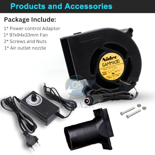 Image of 12V DC Blower Fan, 97x94x33mm, with Variable Speed Controller and AC Adapter, Dual Ball Bearing, for DIY Ventilation & Electronics Cooling