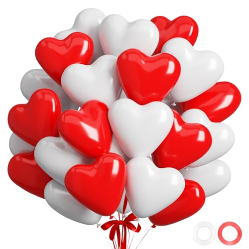 QIFU Ballon Coeur Rouge Blanc -50Pcs 12 Pouces Ballons En Latex En Forme De Cœur Ballon Helium Pour Ballons Anniversaire Deco Mariage Demande En Mariage Romantique...