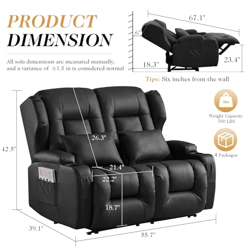 Image of Loveseat Recliner Sofa,RV Wall Hugger Recliners for Small Spaces,Reclining Loveseat Sofa Recliner with Cup Holders /Lumbar Pillows,RV Furniture (Black, 56 inch 2-Seater)