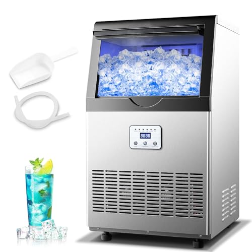 Image of 110LBS /24H Commercial Ice Maker Machine Under Counter /Freestanding | 25LBS capacity, 45 ice cubes in 12-15 min, self-cleaning, stainless steel, includes scoop, for bar