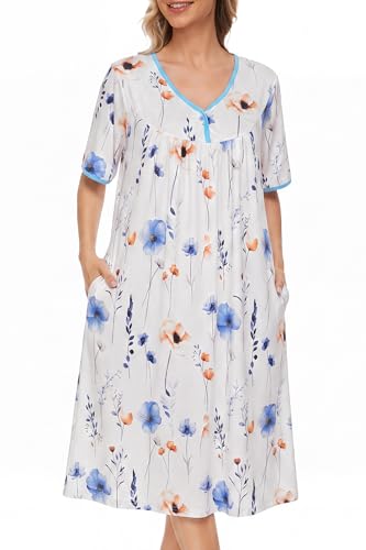 Image of AVIIER Nightgows for Women Soft Cotton Night Shirts Short Sleeve Sleepwear with Pockets