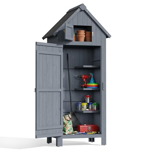 Blishom Armoire de Jardin en Bois, Abri à Outils avec Étagères, Rangement pour Outils de Jardin Ventilé à Toit en Bitume, 77x54,2x179cm, Gris