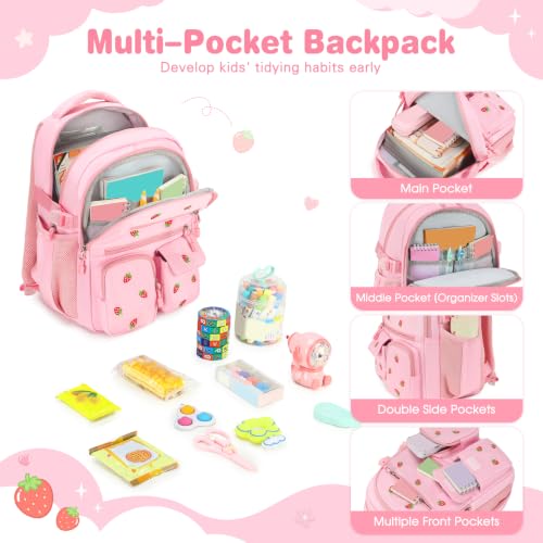 Image of DIGOBAY Backpack for Girls 6-8, 3PCS Embroidery Toddler Girls Backpack with Lunch Bag Pencil Case, 15.7 inch Kids School Bookbag for Preschool Kindergarten Elementary Daycare Backpacks, Pink Strawberry