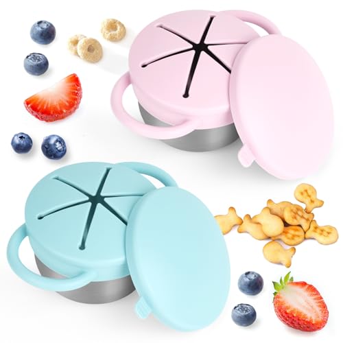 Image of Daximo 2 Pack Snack Cups for Toddlers Spill Proof - Detachable Stainless Steel Toddler Snack Cups with Silicone Lids & Handles - Dishwasher Safe Baby Snack Containers (Light blue and Light pink)