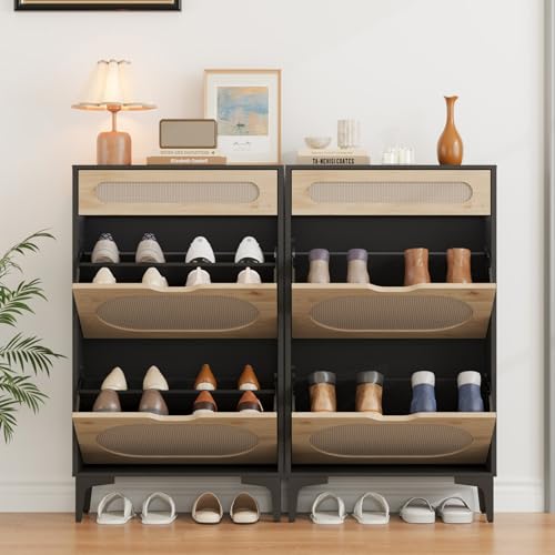 GarveeHome Rattan Shoe Cabinet with 2 Flip Drawers and 1 Pull-Out Drawer, Free Stand Shoe Storage Cabinet, 3 Adjustable Shelf, Narrow Shoe Cabinet for Entryway/Porch, Black