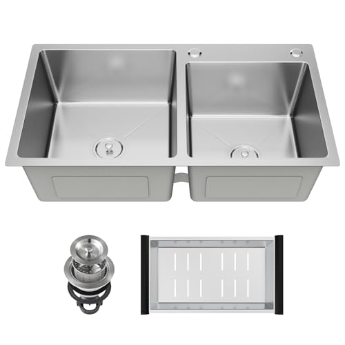 Vivrhintty 30-inch Kitchen Sink, Double Bowl Drop-in/Top-Mount 304 Stainless Steel with Nano Coating, Includes Drain Assembly & Fruit Basket for Modern Kitchen (30.7' x 16.9')
