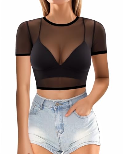 MANGOPOP Women's Short Sleeve Long Sleeve Sheer Mesh Crop Tops Tee Shirt Blouse