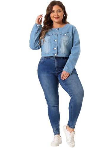 Agnes Orinda Plus Size Denim Jackets for Women Collarless Chest Pockets Button Down Crop Jean Jackets3