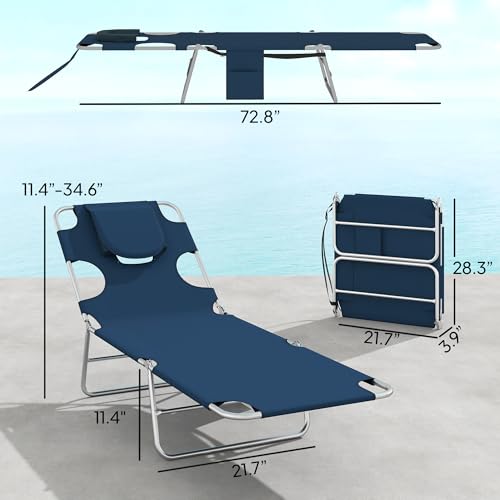 Outsunny Chaise Lounge Chair Outdoor Set of 2 with Face Arm Hole, 5-Position Reclining Face Down Tanning Chair with Carry Strap, Side Pocket, Portable Folding Bed Cot for Patio Beach Pool, Dark Blue - Thumbnail 3