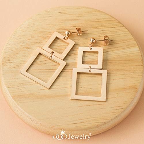 555Jewelry Stainless Steel Shiny Polished Double Square Drop Earrings, Dangle Earrings for Women, Drop Earrings for Women & Girls, Rose Gold