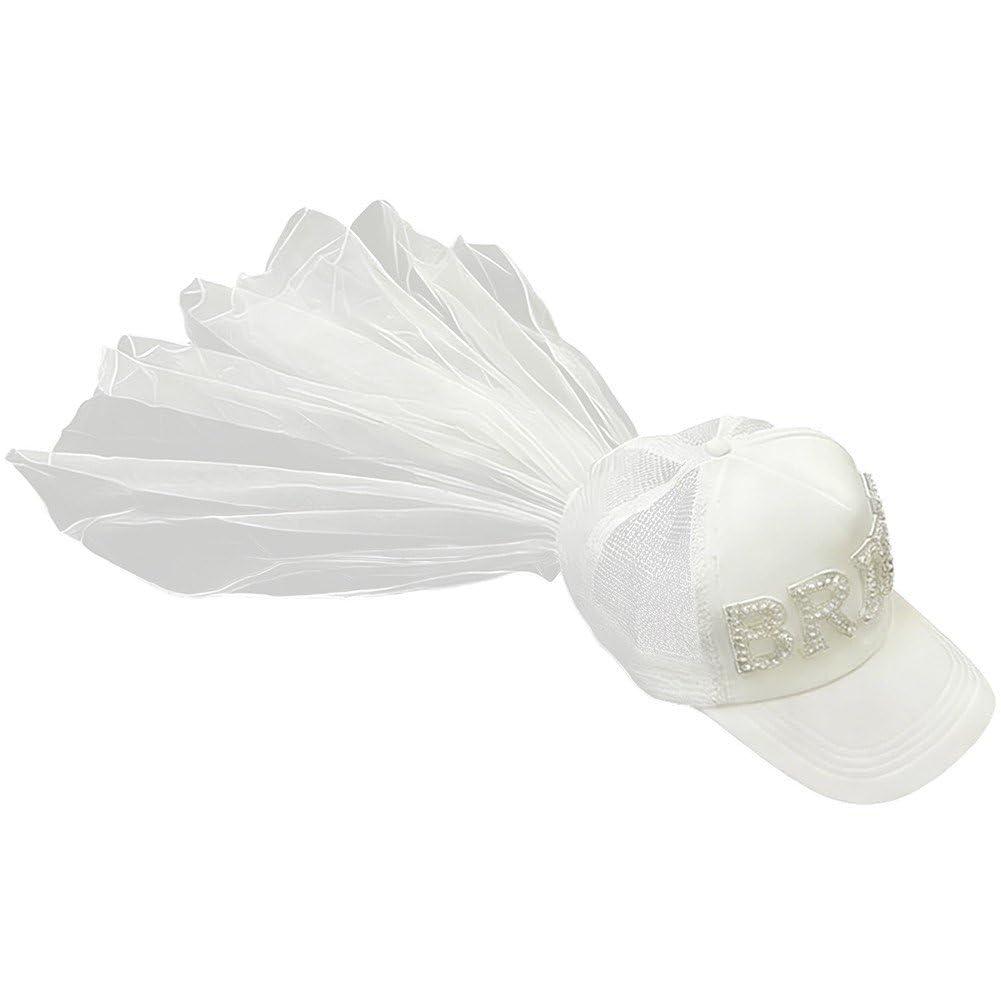 Ppmter White Bride Baseball Cap With Veil, Wedding Accessory For Special Event Bride And Bridesmaid Caps