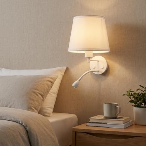 BARCELONA LED Aplique de Pared Grande con Pantalla Tela Blanca y Foco LED Flexible 3W Doble Luz E27, Lámpara Lectura Cabecero Dormitorio, Estilo Moderno Vintage Industrial Minimalista Interior IP20