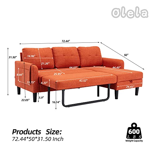 Olela Pull Out Sleeper Sofa Couch,Linen Convertible Sofa Bed L Shape Sectional Sofa With Storage Chaise And Pocket For Living Room (Orange-Tufted Back) #TOP1