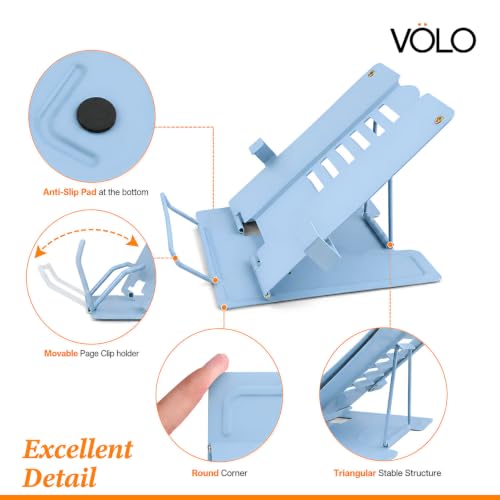 Image of Volo Portable Metal Book Stand Holder - Adjustable, Foldable Design for Desktop Use - Ideal for Cookbooks, Textbooks, Sheet Music, and More - Convenient Book Organizer (Blue)