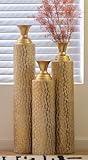 Tall Floor Vases Set of 3 for Decor Living Room Floor, Gold Vases Home Decor, Embossed Body Pattern, 33.85' H/29.13' H/24.8' H Geometric Cylinder (Gold 4)
