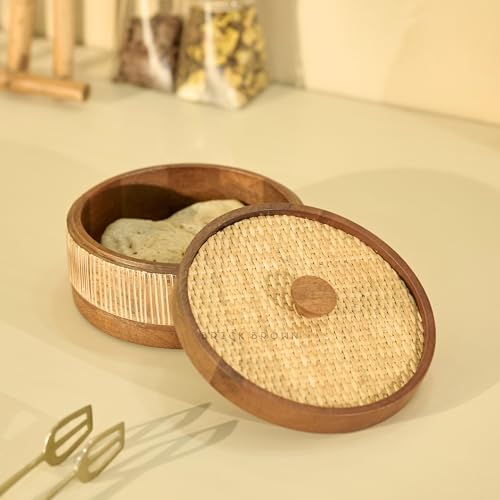 Image of Brick Brown Reed Wooden Roti Box with Hand-Woven Cane Lid | Solid Wood Chapati Box for Kitchen & Dining | Designer Roti Casserole /Roti Hot Pot Case | Handmade Roti Dabba Server (8.1x8.1x4.2 Inch)