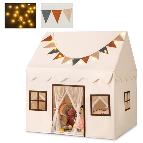 HOMASIS Spielzelt Kinder Indoor, Spielhaus mit Sternlichter & Matte & Wimpel & 3 Fenster, Kinderzelt Baumwolle, Prinzessin Zelt Bettzelt für Kinder ab 3 Jahren, Kinderspielhaus für Kinderzimmer, Beige