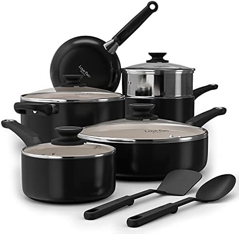 Cook Code Pots and Pans, White Ceramic Coating Nonstick Aluminum Cookware Set with Glass Lids and Nylon Utensils, Sauce Pan with Steamer PTFE, PFOA Free, 12-PCS Black