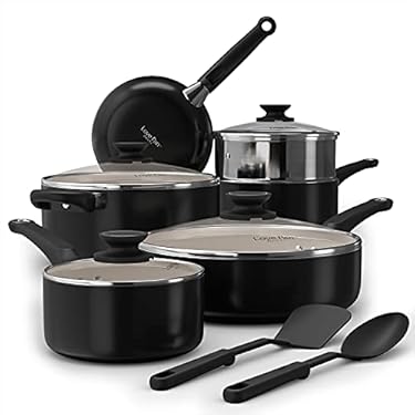 AMAZON - Cook Code Pots and Pans, White Ceramic Coating Nonstick Aluminum Cookware Set with Glass Lids and Nylon Utensils, Sauce Pan with Steamer PTFE, PFOA Free, 12-PCS Black