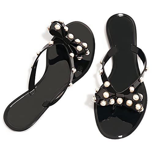 Image of TYFLOVE Women Rivet Flip Flops Studded Jelly Thong Sandals with Bow Summer Bowtie Flat Beach Rain Shoes