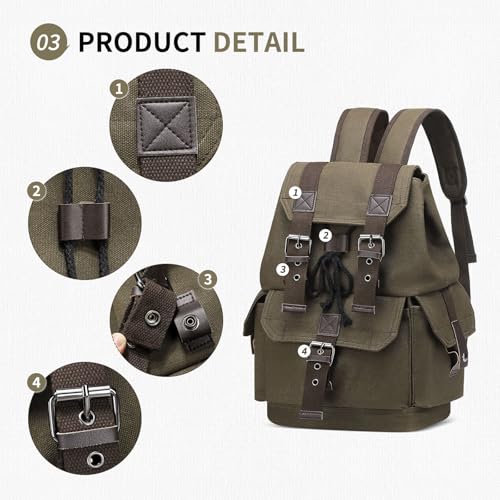 Vintage Canvas Backpack for Men Women, Durable Casual Daypack, Large Capacity Travel Rucksack Fits for Hiking and Daily Use (Green) - Image 6