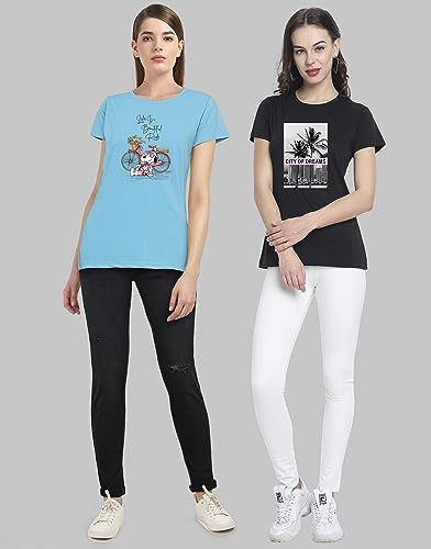 Image of Combo Women's T-Shirts, Cotton Half Sleeves Round-Neck Printed T-Shirt for Girls, & Women Tees (Pack of 2) 960-980-