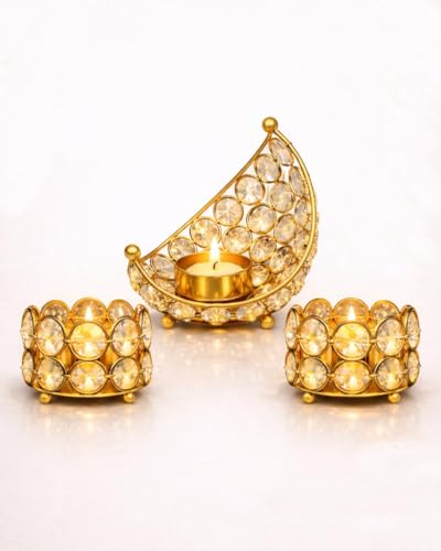 Image of Homesake Crystal Tealight Candle Holder Set, Gold Metal Decorative for Decorations for Home, Festive Tabletop Home Decor and Gifting Combo Set of 1 Moon Holder & 2 Crystal Holders