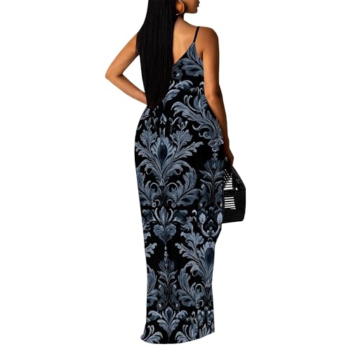 Image of Women's Summer Maxi Dress Spaghetti Strap Floral Boho Beach Long Sundress with Pockets