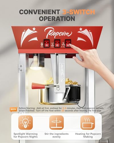 Image of 12 Oz Commercial Popcorn Machine, Movie Theater Popcorn Machine, Red Tabletop Pop corn Machine with 3-Switch Control & Steel Frame Tempered Glass Doors