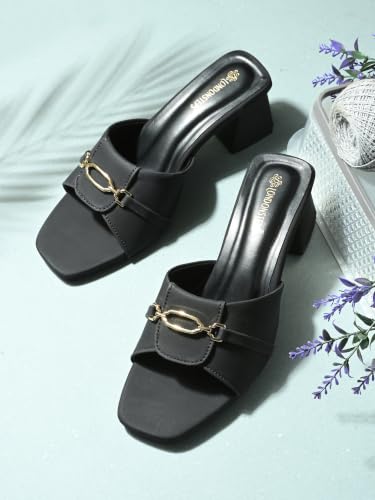 Image of Women's Block Heel Mule Sandals | Stylish Slip-On Heels with Metal Chain Detail | Cushioned Footbed | Square Toe Fashion Slides for Party, Office & Casual Wear