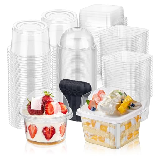 tchrules 100 Plastic Dessert Cups with Lids and Sporks Parfait Cups with Lids Disposable Dessert Cups for Yogurt Pudding Jello Shot and Mousse (8 OZ)