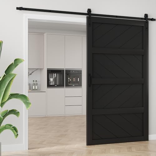 Image of 48 inchx84 inch Black Waved Barn Door with 8 FT Track Kit & Handle & Floor Guide | Pre-Drill Holes Easy Assembly & Install Required, Solid Core Wood Sliding Barn Door for Water-Resistant & Sound Reduction