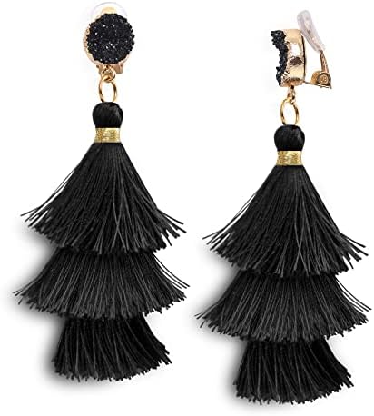Colorful Tassel Statement Bohemian Earrings for Women Dangle, Clip on DIY Teen Fringe Girls Trendy Fun Drop Jewelry,Christmas Costume Accessories Fiesta Funny Earrings, Valentine Birthday Gift