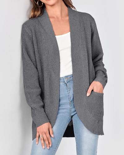 Image of KIRUNDO Cardigan Sweaters for Women 2024 Fall Open Front Long Sleeve Loose Lightweight Knit Sweater Coat with Pockets(Dark Grey, Small)